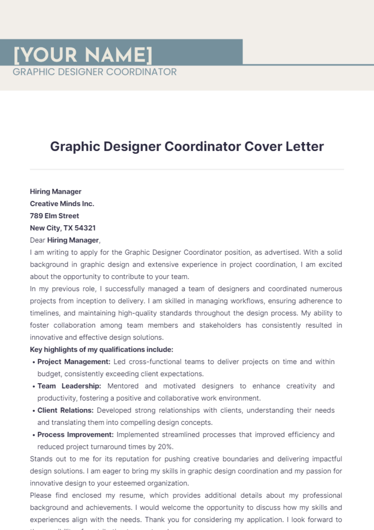 Graphic Designer Coordinator Cover Letter - Edit Online & Download