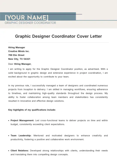 Free Graphic Designer Coordinator Cover Letter to Edit Online