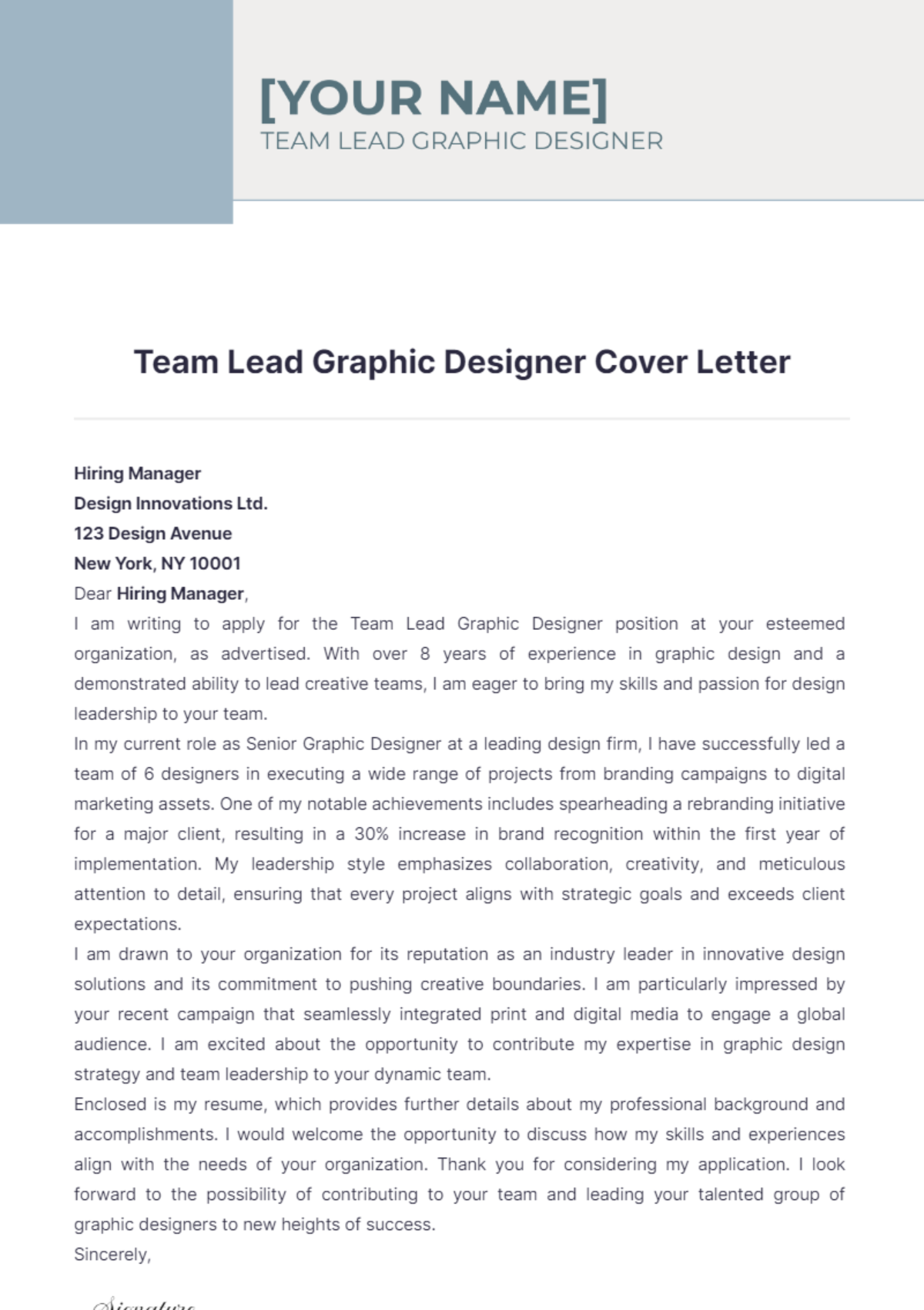 Team Lead Graphic Designer Cover Letter - Edit Online & Download