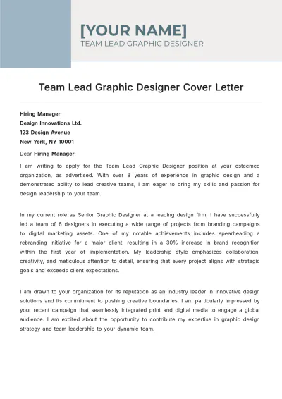 Free Team Lead Graphic Designer Cover Letter to Edit Online
