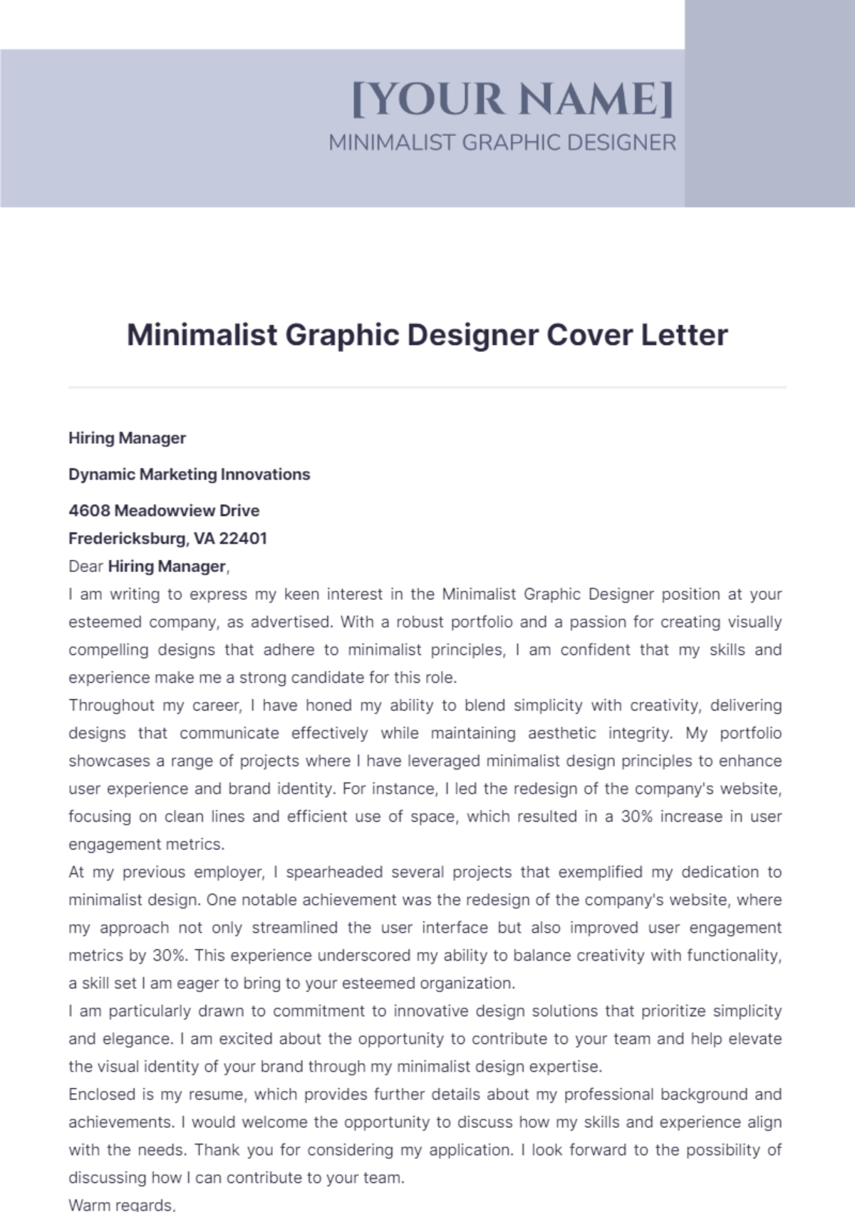 Minimalist Graphic Designer Cover Letter - Edit Online & Download