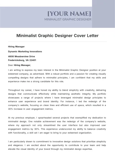 Free Minimalist Graphic Designer Cover Letter to Edit Online