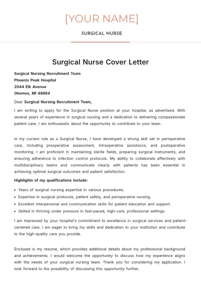 Free Surgical Nurse Cover Letter to Edit Online