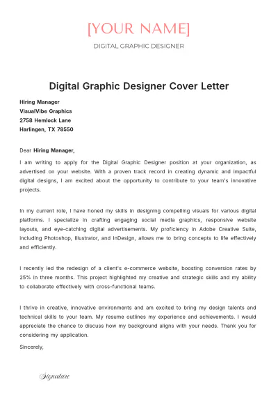 Free Digital Graphic Designer Cover Letter to Edit Online
