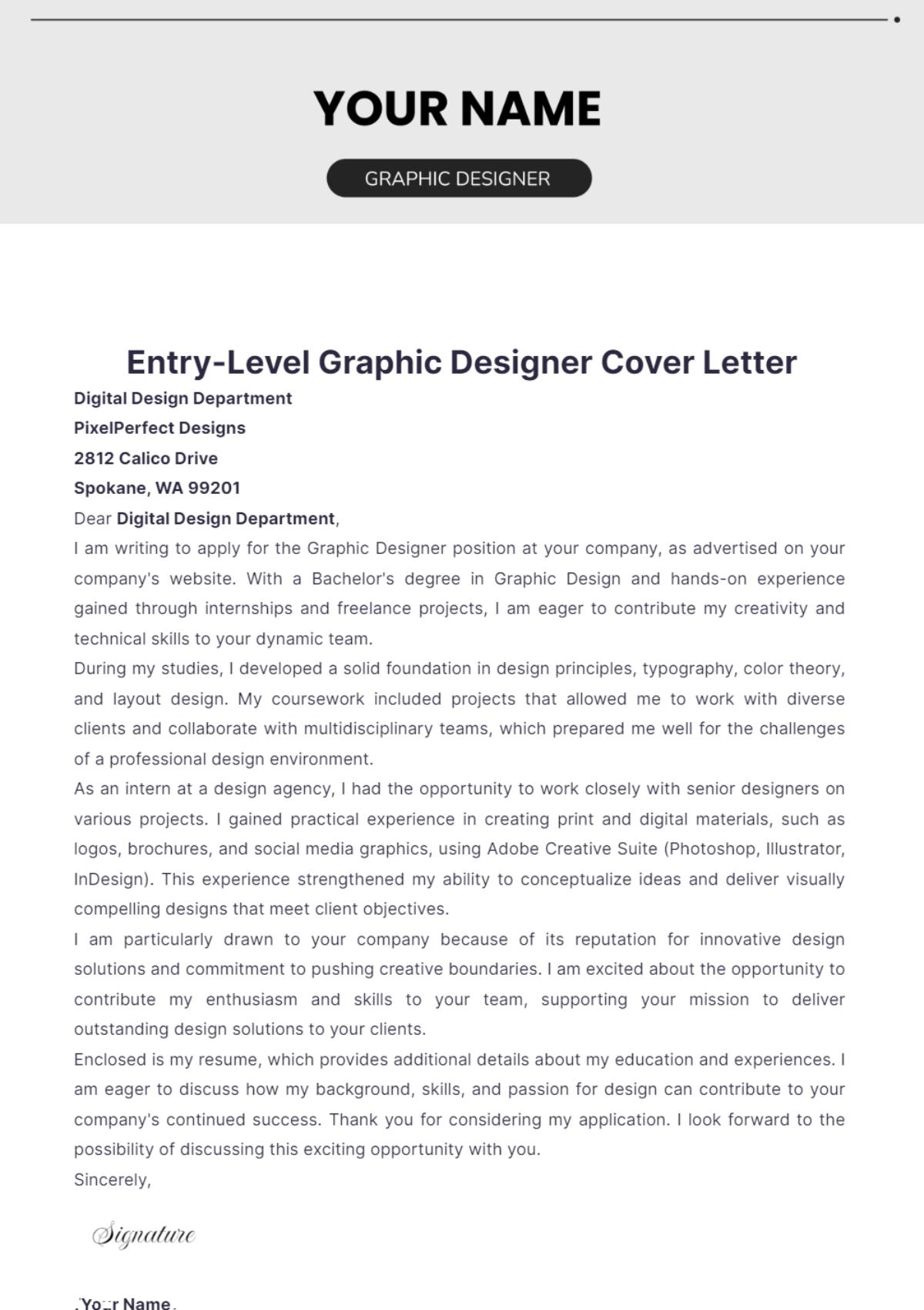 Entry-Level Graphic Designer Cover Letter - Edit Online & Download