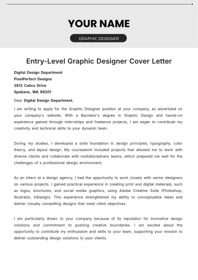 Free Entry-Level Graphic Designer Cover Letter to Edit Online