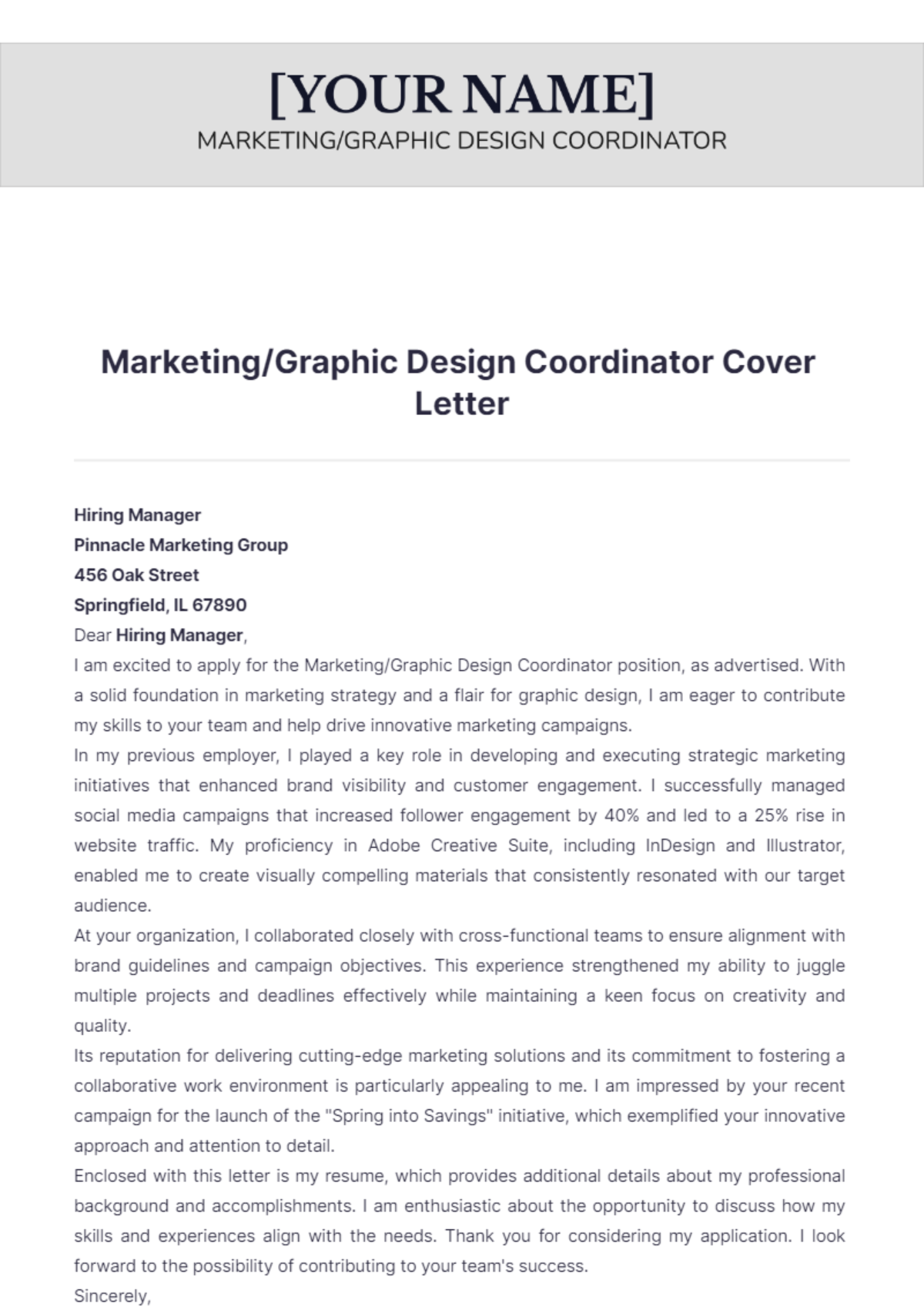 Marketing/Graphic Design Coordinator Cover Letter - Edit Online & Download