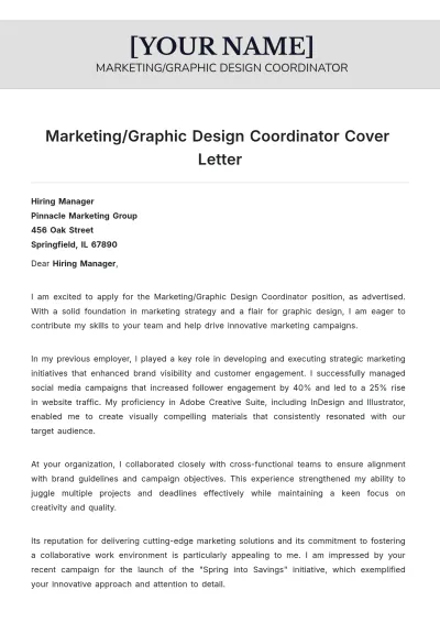 Free Marketing/Graphic Design Coordinator Cover Letter to Edit Online