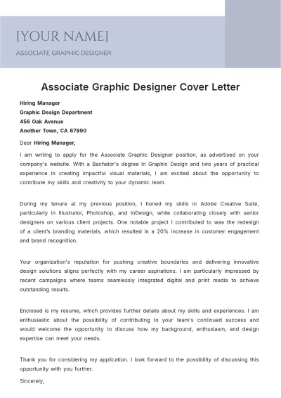 Free Associate Graphic Designer Cover Letter to Edit Online