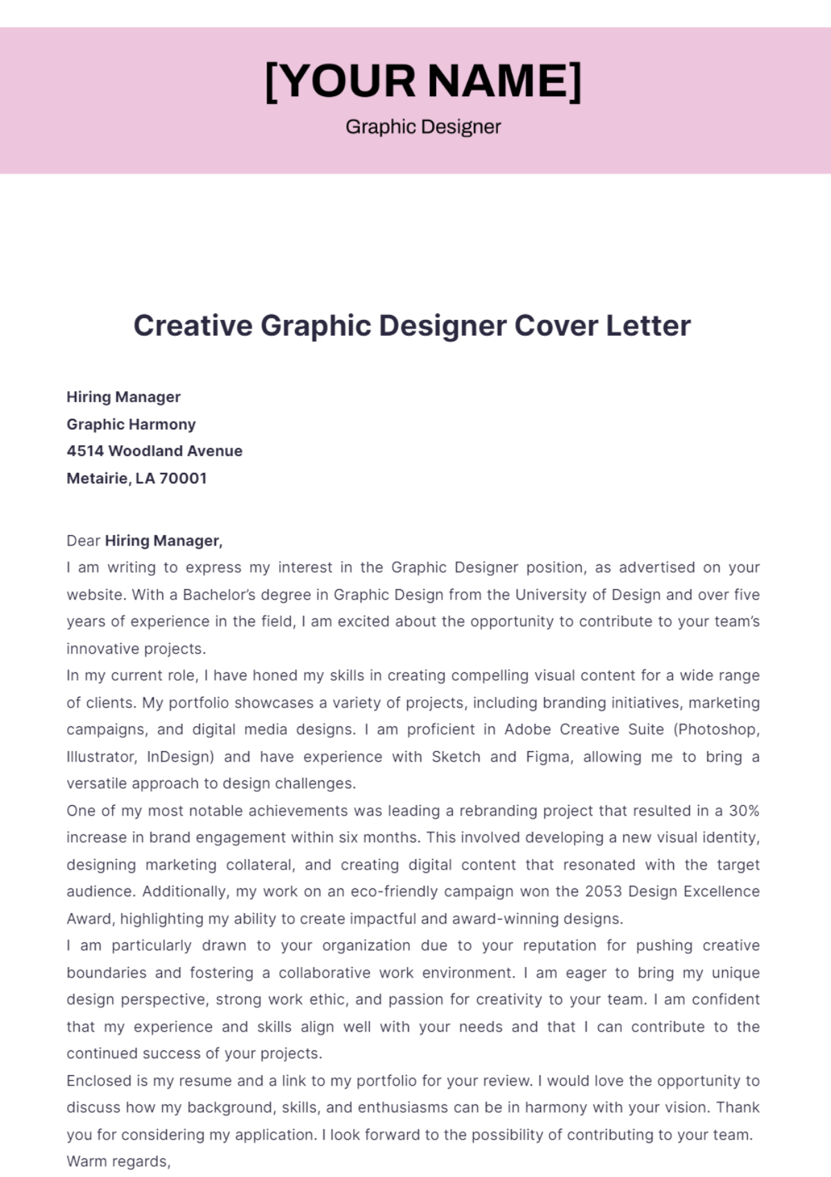 Creative Graphic Designer Cover Letter - Edit Online & Download