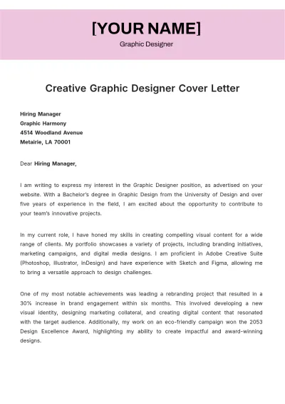 Free Creative Graphic Designer Cover Letter to Edit Online