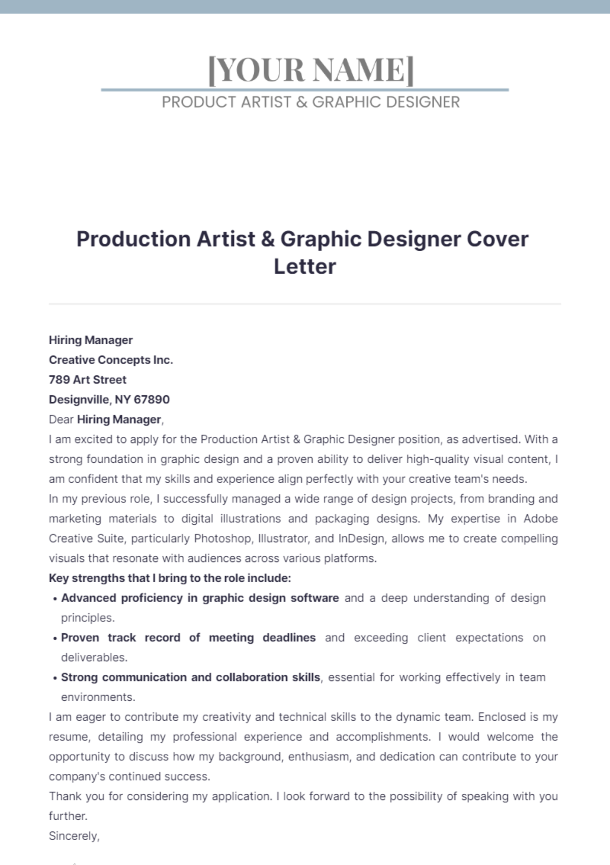 Production Artist & Graphic Designer Cover Letter - Edit Online & Download