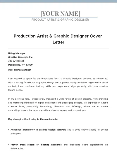 Free Production Artist & Graphic Designer Cover Letter to Edit Online