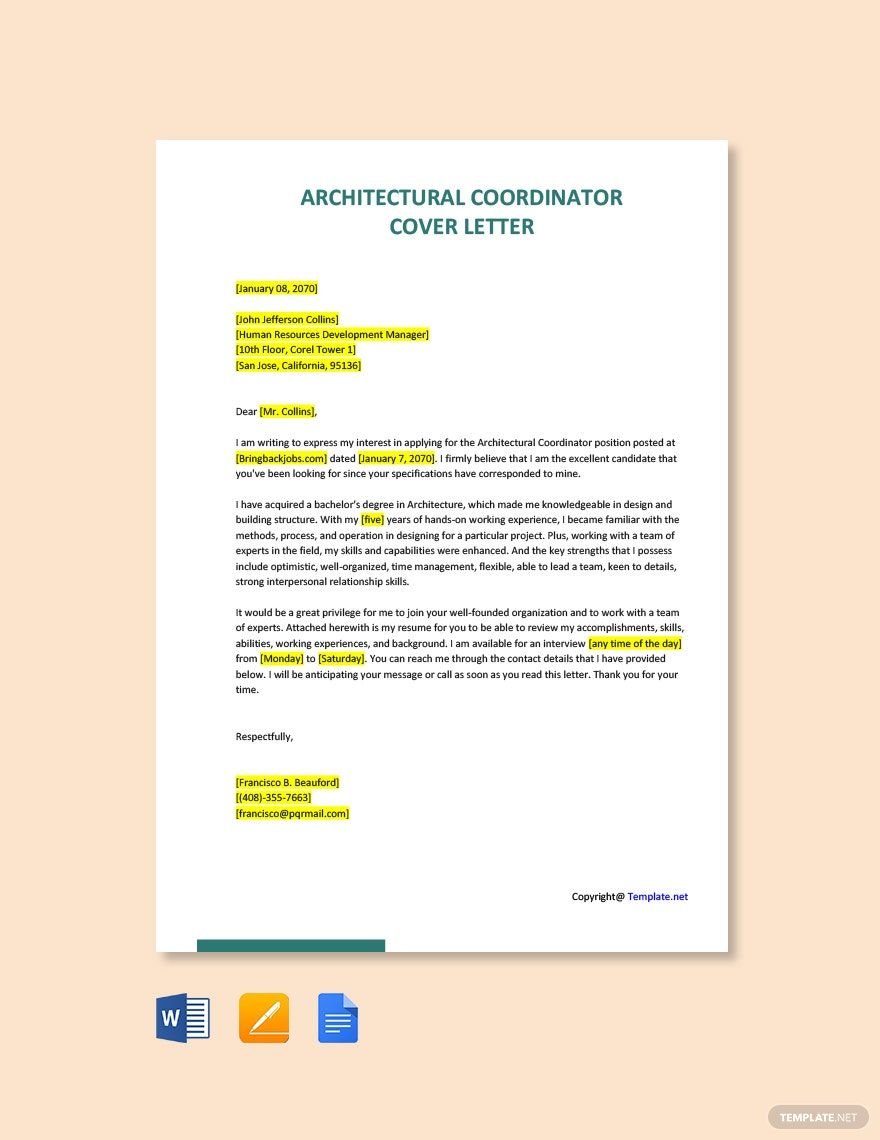 Free Architectural Coordinator Cover Letter Template