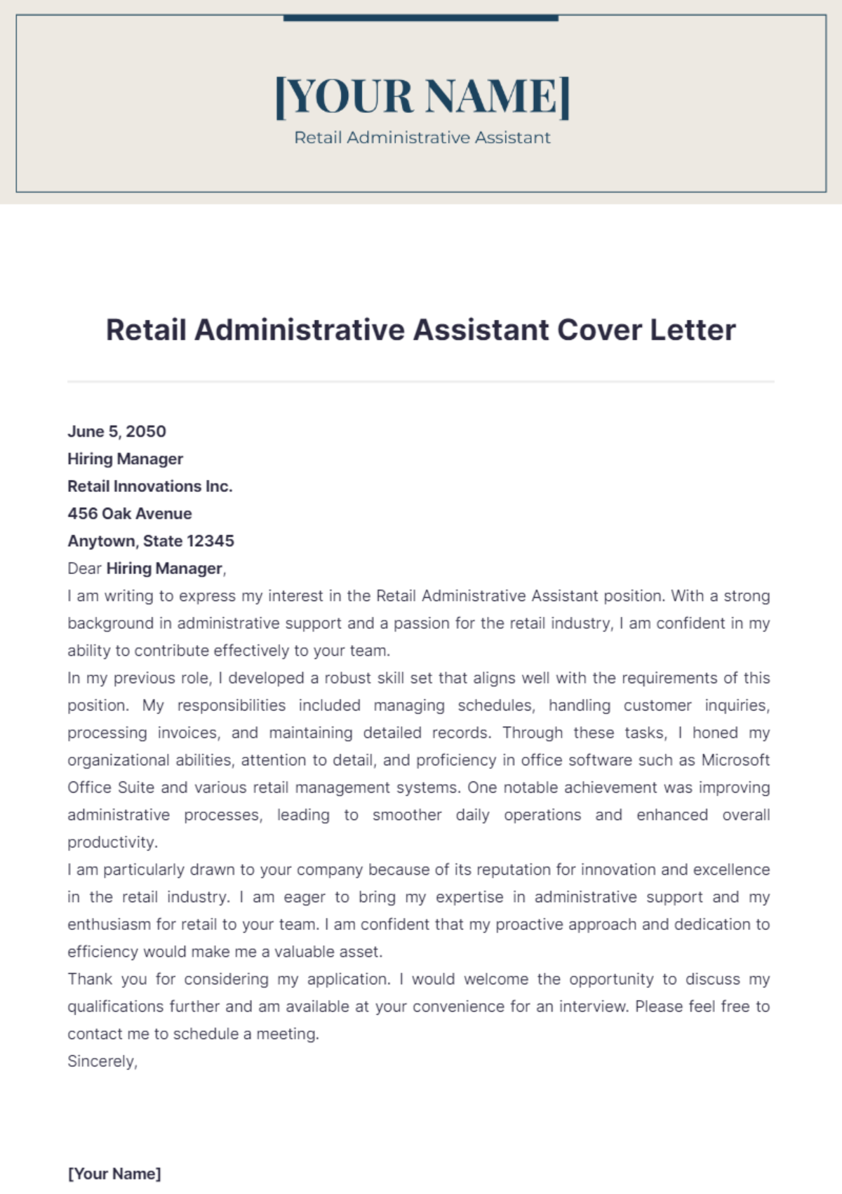 Retail Administrative Assistant Cover Letter - Edit Online & Download