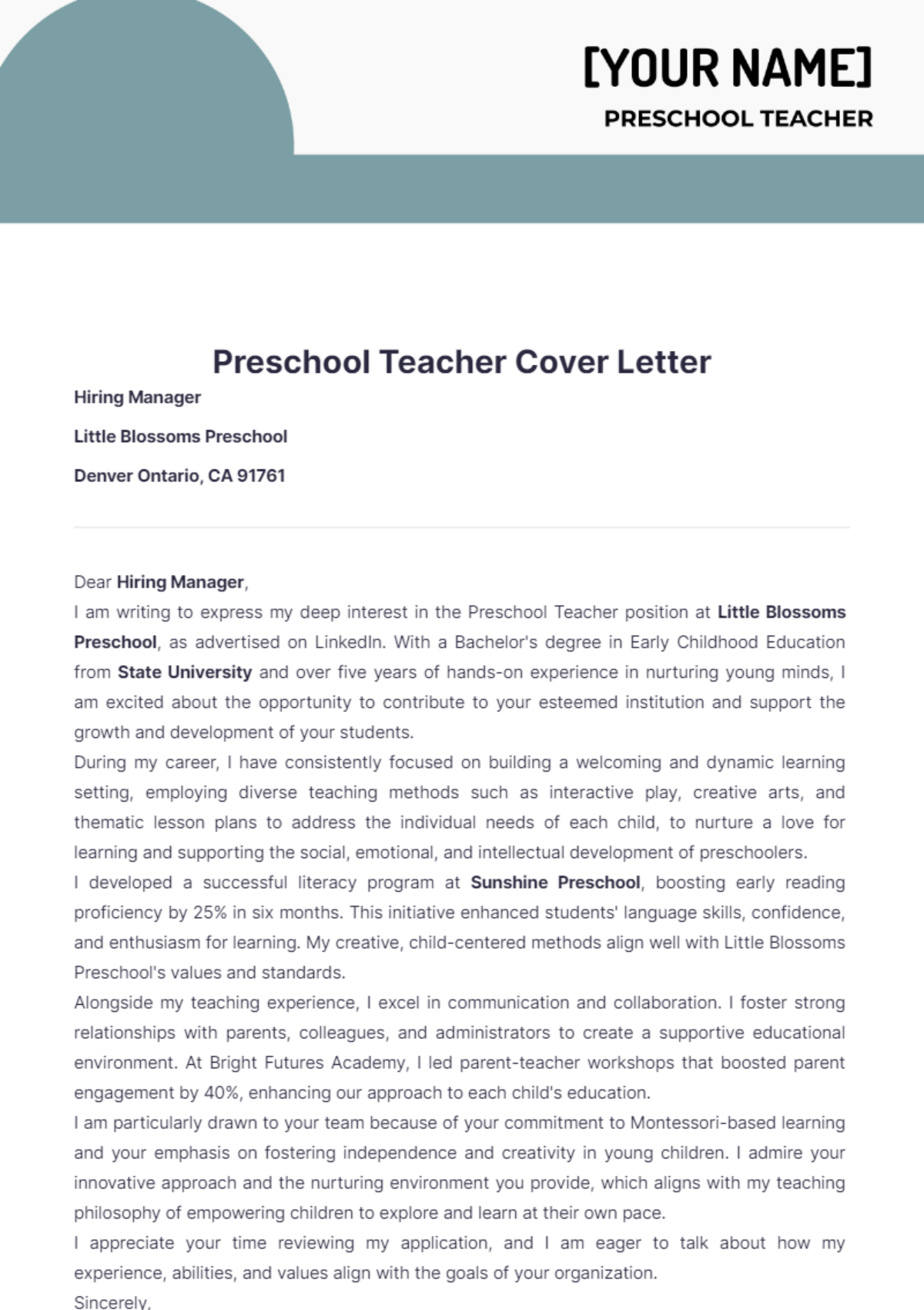 cover letter preschool teacher example