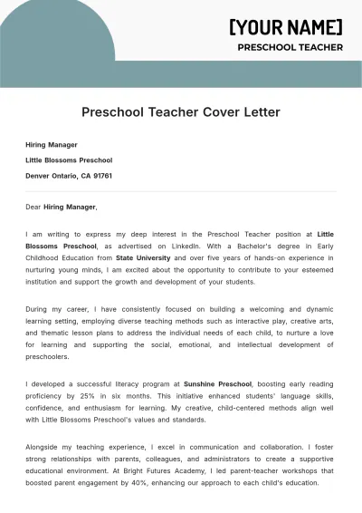 Free Preschool Teacher Cover Letter to Edit Online
