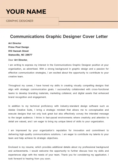 Free Communications Graphic Designer Cover Letter to Edit Online