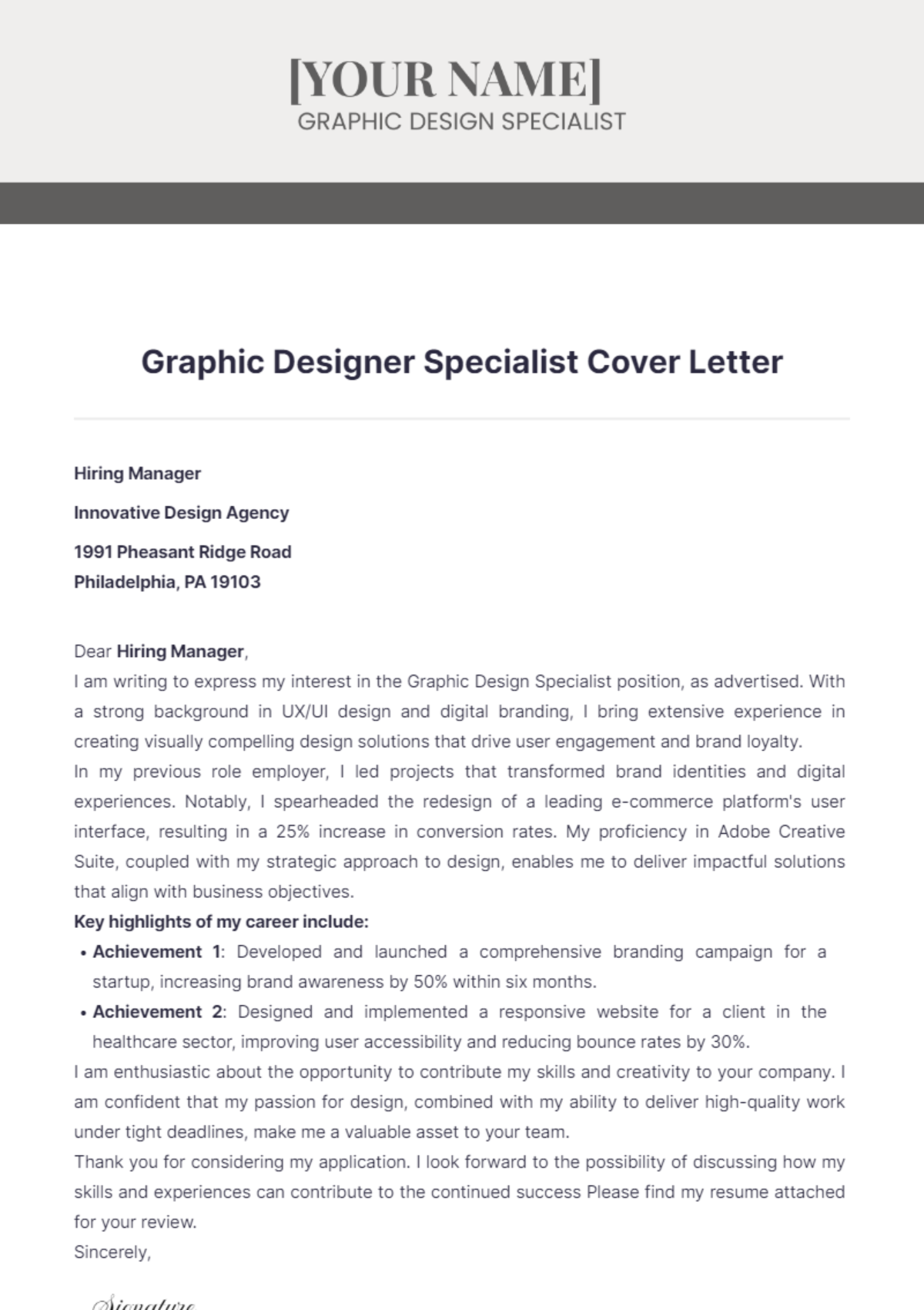 Graphic Design Specialist Cover Letter - Edit Online & Download