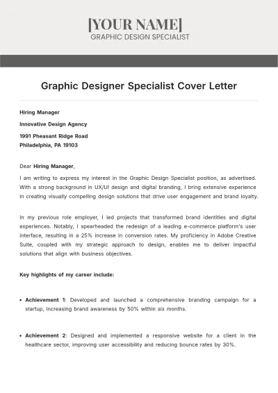 Free Graphic Design Specialist Cover Letter to Edit Online
