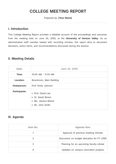 Free College Meeting Report Template to Edit Online