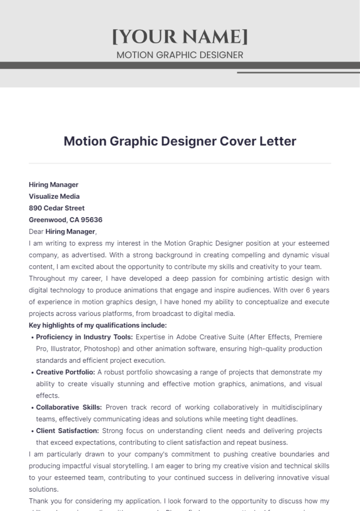 Motion Graphic Design Cover Letter - Edit Online & Download