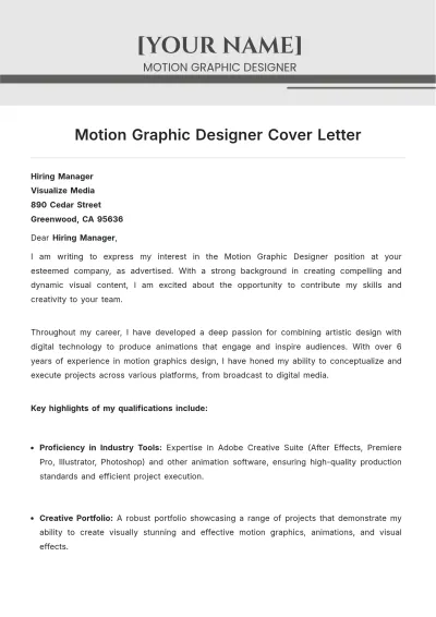 Free Motion Graphic Design Cover Letter to Edit Online