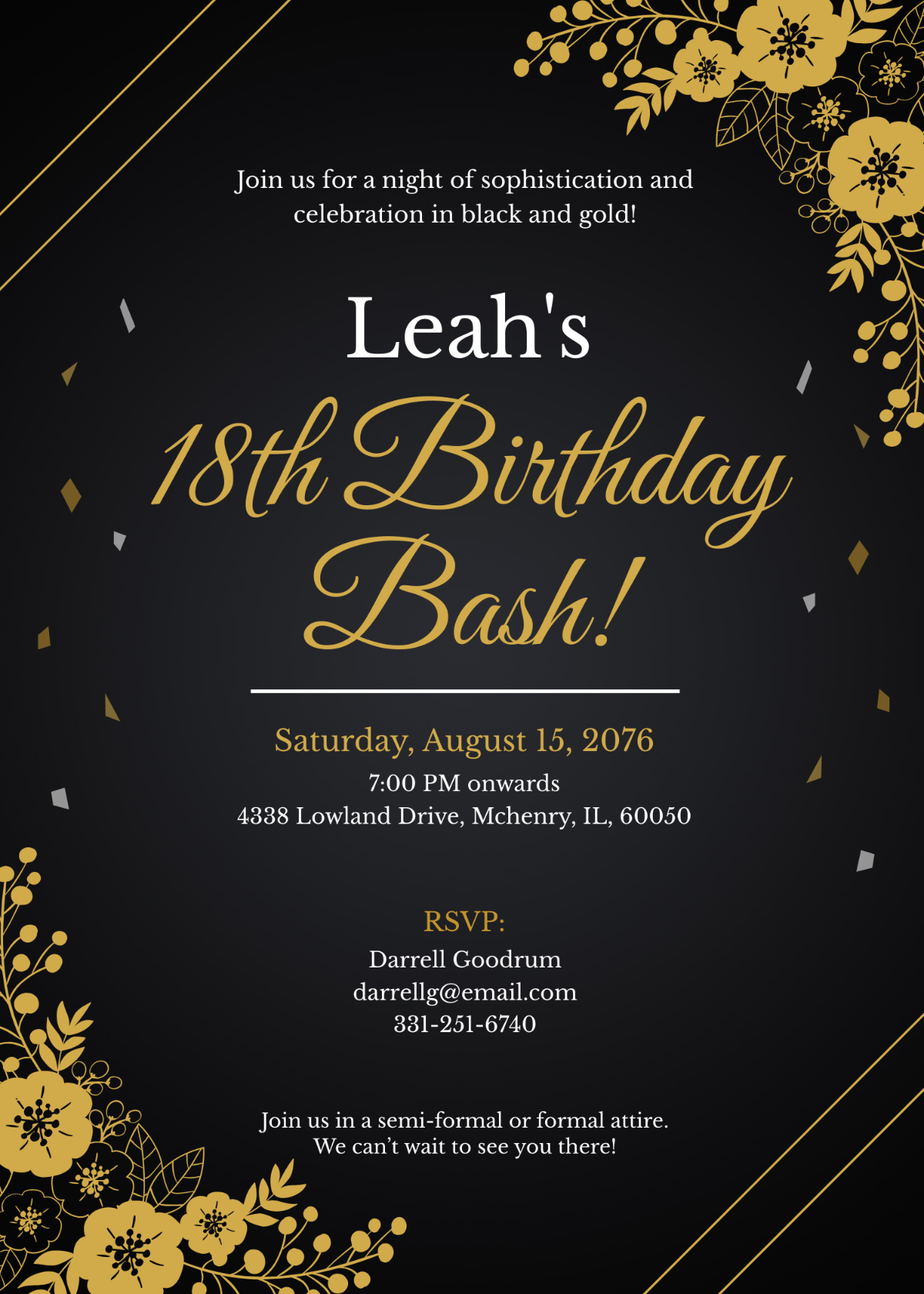 Black And Gold 18th Birthday Invitation