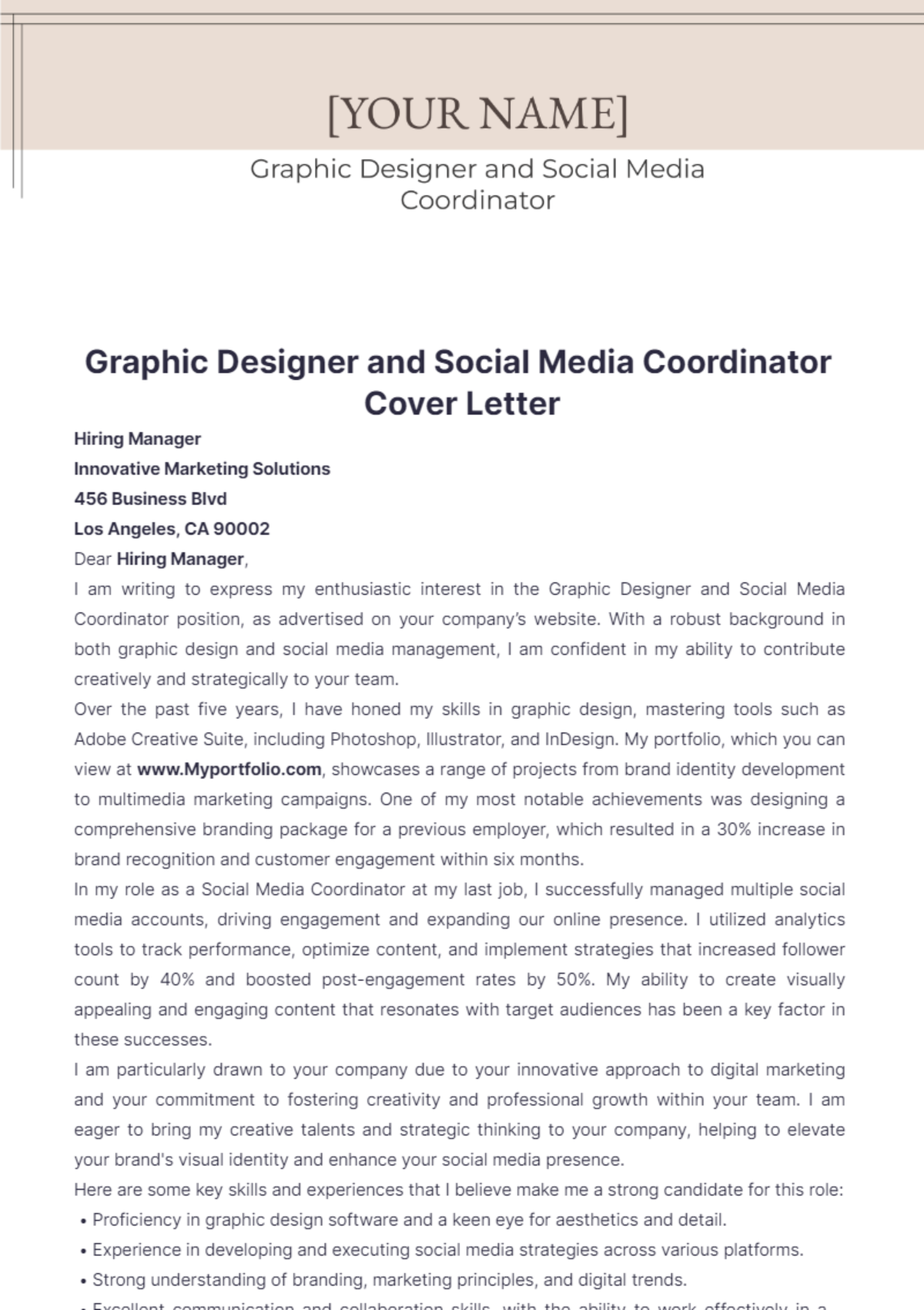 Graphic Designer And Social Media Coordinator Cover Letter - Edit Online & Download