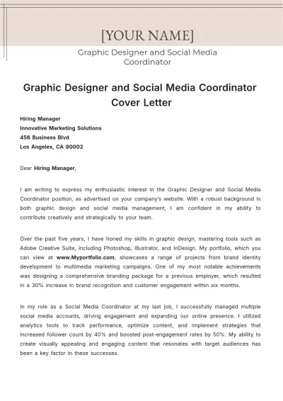 Free Graphic Designer And Social Media Coordinator Cover Letter to Edit Online