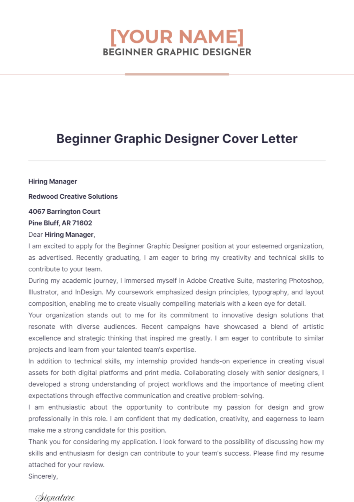 Beginner Graphic Designer Cover Letter - Edit Online & Download