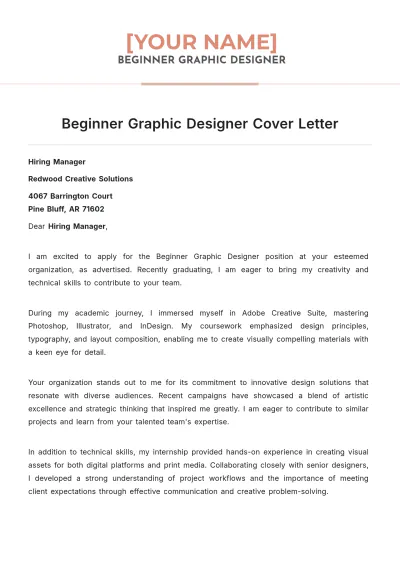 Free Beginner Graphic Designer Cover Letter to Edit Online