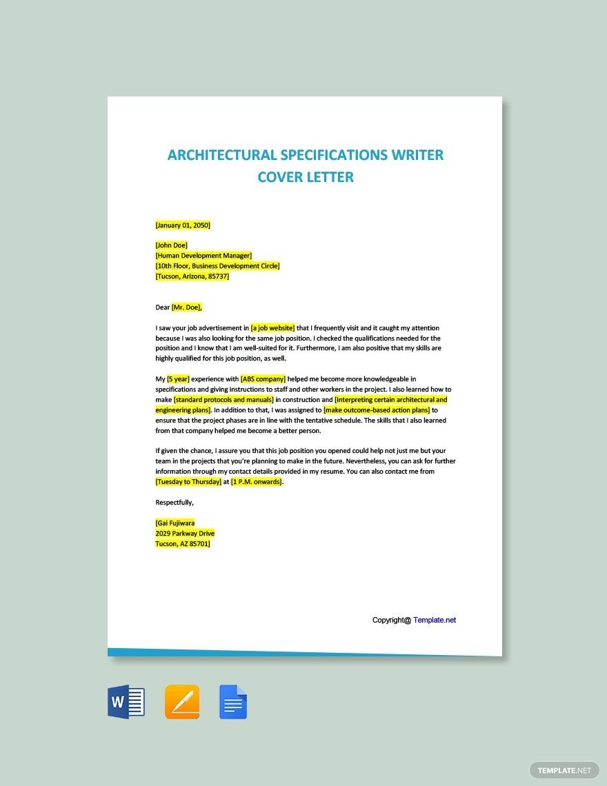 Architectural Specifications Writer Cover Letter