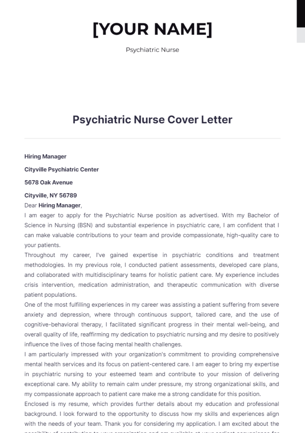 Psychiatric Nurse Cover Letter - Edit Online & Download