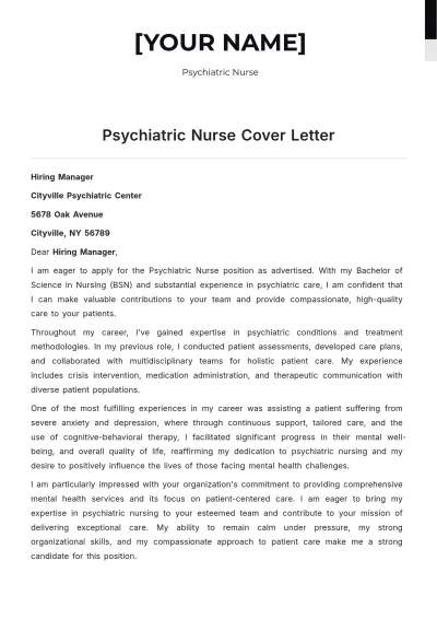 Free Psychiatric Nurse Cover Letter to Edit Online
