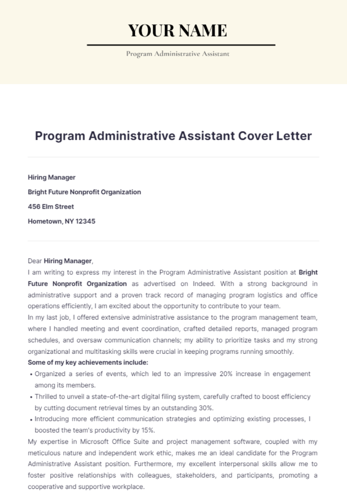 Program Administrative Assistant Cover Letter - Edit Online & Download