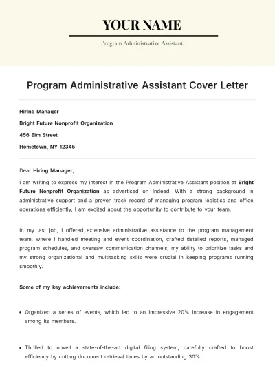 Free Program Administrative Assistant Cover Letter to Edit Online