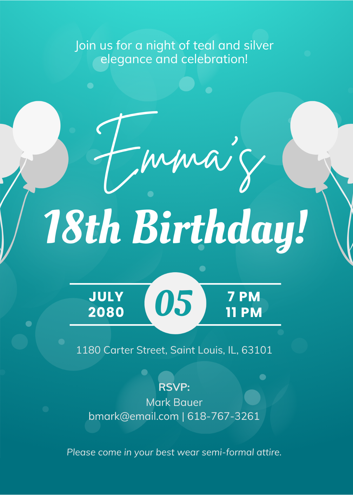 Teal And Silver 18th Birthday Invitation