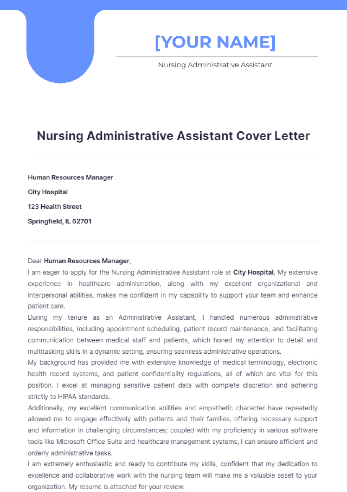 Nursing Administrative Assistant Cover Letter - Edit Online & Download