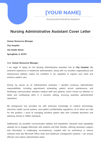 Free Nursing Administrative Assistant Cover Letter to Edit Online