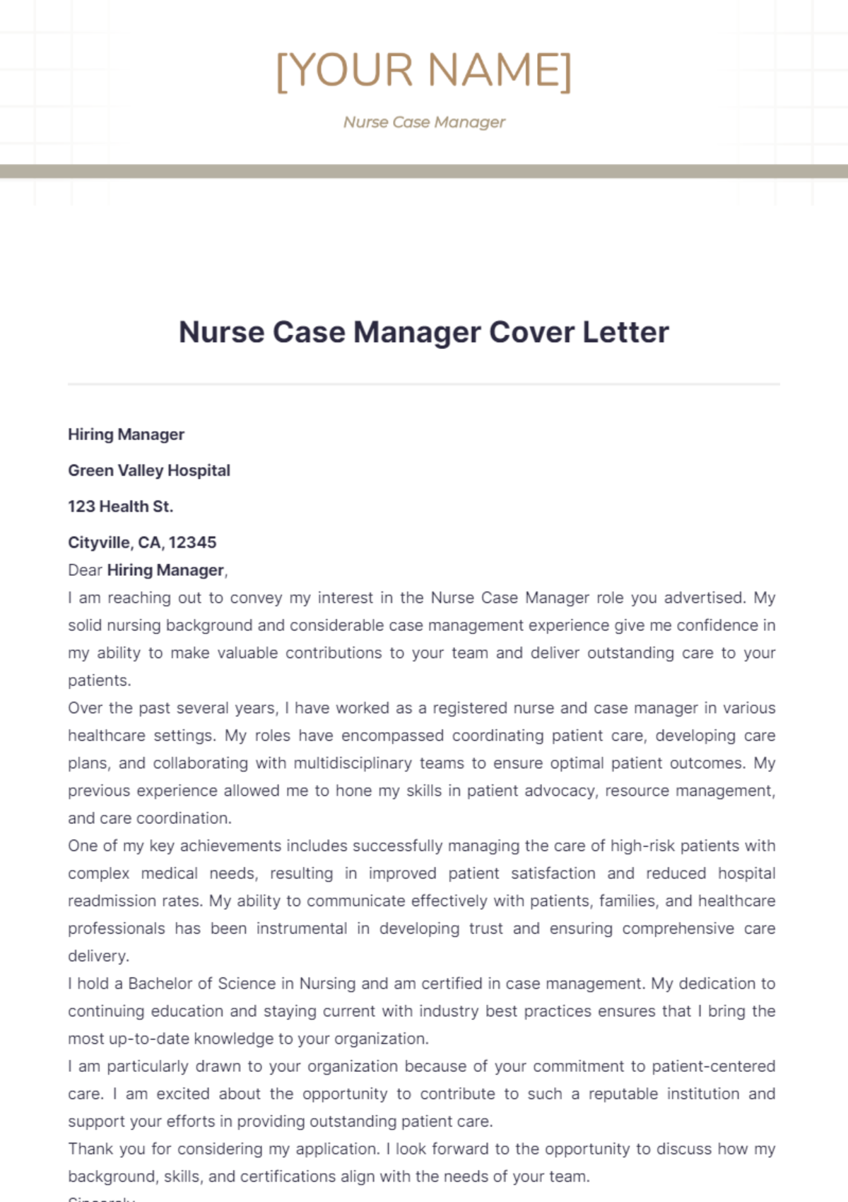 Nurse Case Manager Cover Letter - Edit Online & Download