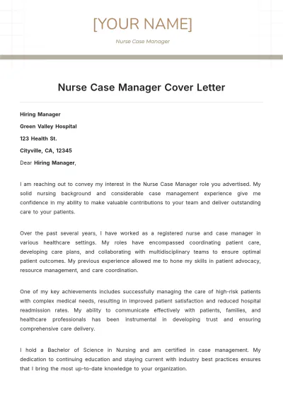 Free Nurse Case Manager Cover Letter to Edit Online