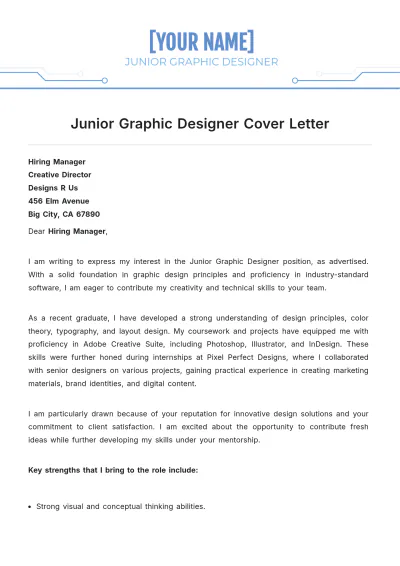 Free Junior Graphic Designer Cover Letter to Edit Online
