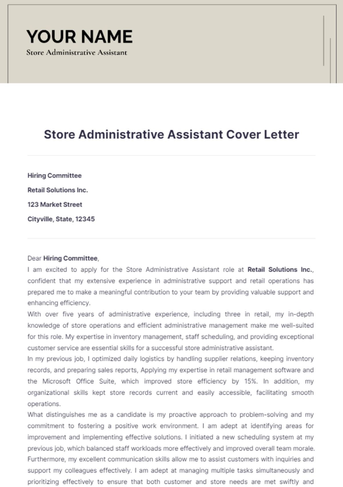 Store Administrative Assistant Cover Letter - Edit Online & Download