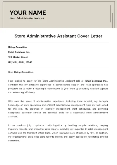 Free Store Administrative Assistant Cover Letter to Edit Online