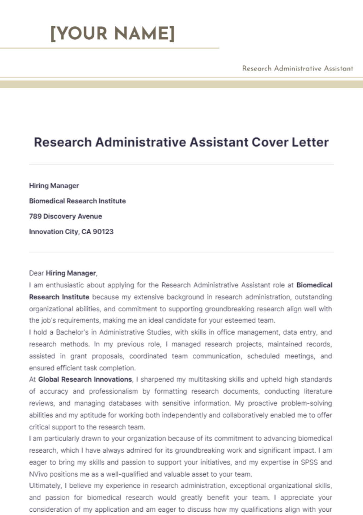 Research Administrative Assistant Cover Letter - Edit Online & Download