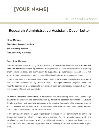 Free Research Administrative Assistant Cover Letter to Edit Online