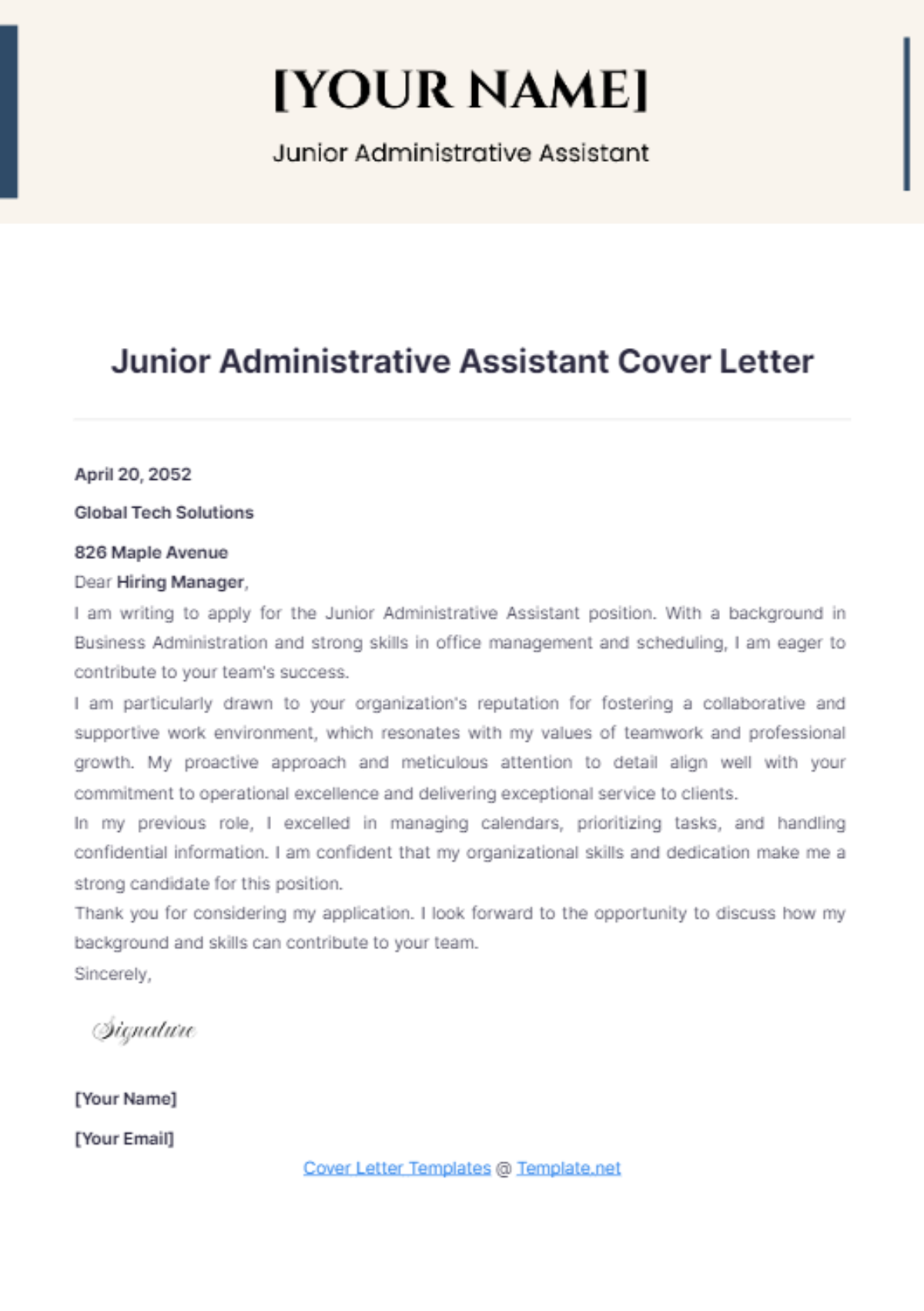 Junior Administrative Assistant Cover Letter - Edit Online & Download