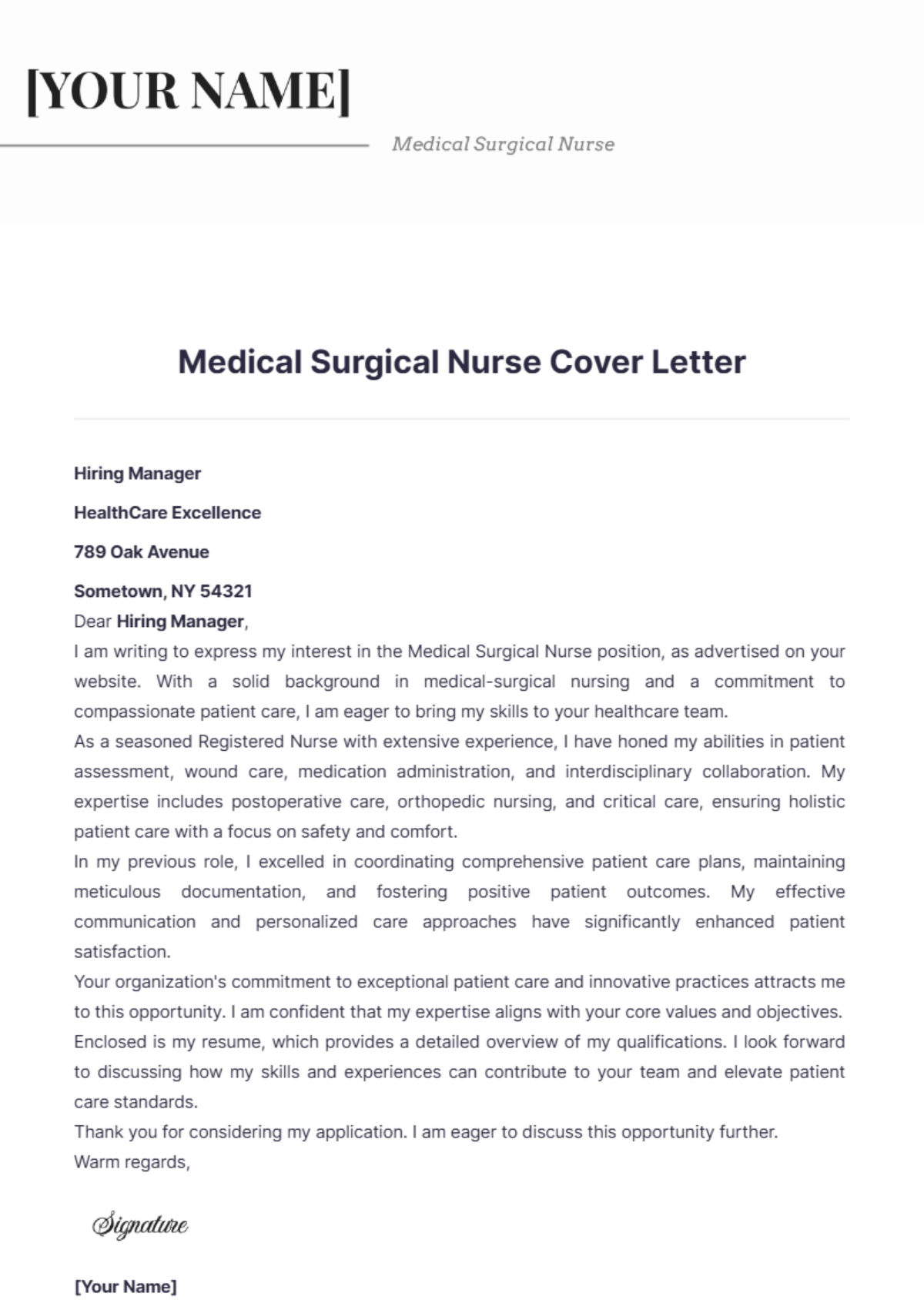 Medical Surgical Nurse Cover Letter - Edit Online & Download