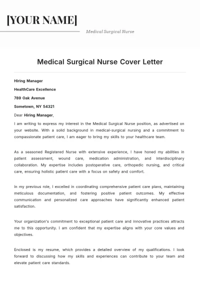 Free Medical Surgical Nurse Cover Letter to Edit Online